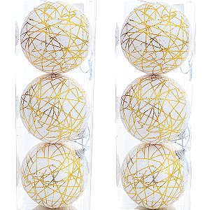 6 Bola Branca Com Fios Dourados Arvore de Natal Luxo 8 CM