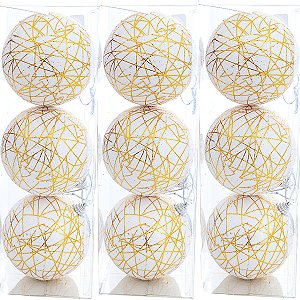 9 Bola Branca Com Fios Dourados Arvore de Natal Luxo 8 CM
