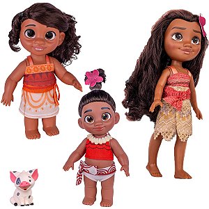 Boneca Moana Grande + Simea + Moana Baby + 2 Porquinho Puá
