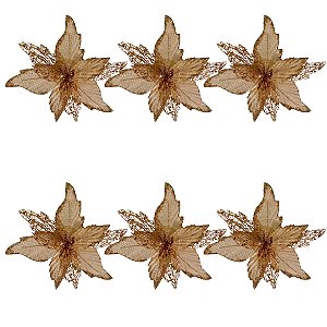 6 Enfeite Flor Poinsettia Champagne Dourada Árvore de Natal
