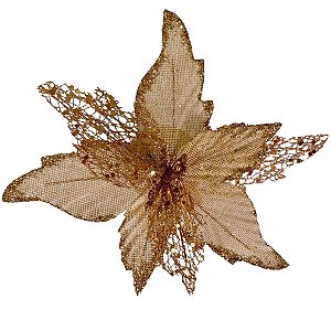 12 Enfeite Flor Poinsettia Champagne Dourada Árvore de Natal
