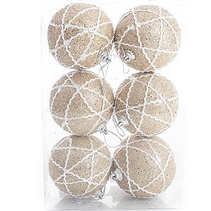 6 Bola Champagne Com Cordões Branco Árvore de Natal 6 CM