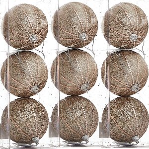 9 Bola Champagne Glitter Árvore de Natal 8 CM Luxo Grande