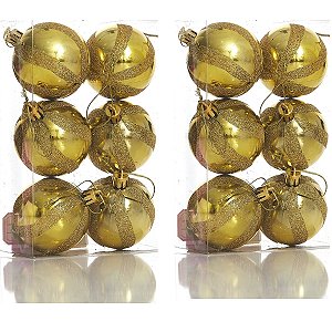 12 Bola Dourada Para Árvore de Natal 6 CM Brilhante Glitter