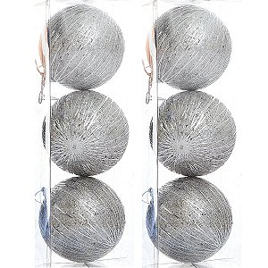 6 Bola Prata Glitter Árvore de Natal 8 CM Prateada Luxo