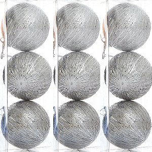 9 Bola Prata Glitter Árvore de Natal 8 CM Prateada Luxo
