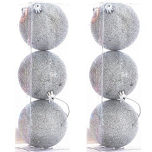 6 Bola Prata Glitter Árvore de Natal 8 CM Prateada Grande