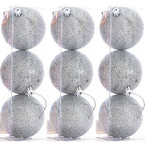 9 Bola Prata Glitter Árvore de Natal 8 CM Prateada Grande