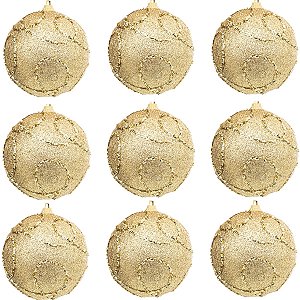 9 Bola Dourada Glitter Árvore de Natal 8 CM Dourado Grande
