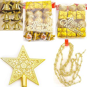 36 Enfeite Árvore Natal Dourado Bolinha Ponteira Sino Cordão