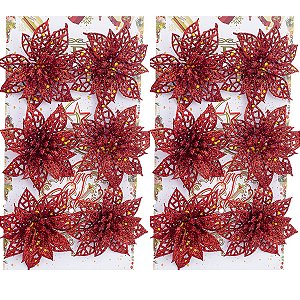 12 Enfeite Flor Poinsettia Vermelha Árvore de Natal 7 CM