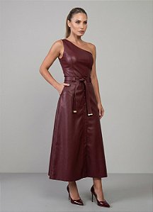 Conjunto Regata Um Ombro e Saia Midi Fabiana em Couro Sintético Premium