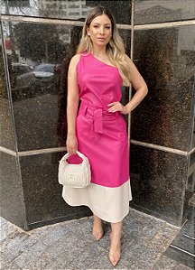 Conjunto Um Ombro e Saia Clochard Bicolor em Couro Sintético Premium