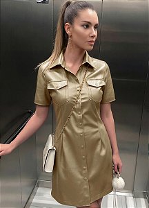 Vestido Camisa Dora em Couro Sintético Premium Metalizado