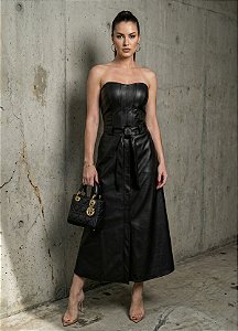 Conjunto Cropped Corset e Saia Midi Fabiana em Couro Sintético Premium