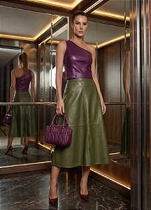 Conjunto Regata Um Ombro e Saia Godê Gabi Duo Colour em Couro Sintético Premium