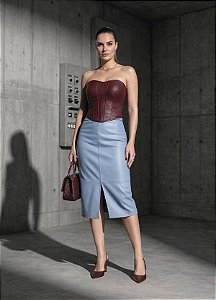 Conjunto Duo Colour Cropped Corset e Saia Lápis Luiza em Couro Sintético Premium