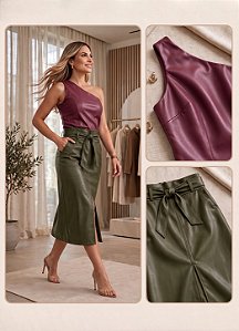Conjunto Regata Um Ombro e Saia Clochard Radassa Duo Colour em Couro Sintético Premium