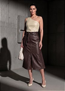 Conjunto Regata Um Ombro e Saia Clochard Radassa Duo Colour em Couro Sintético Premium