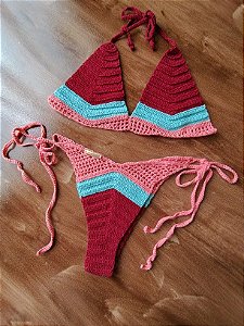 Biquíni bordô, salmão e turquesa