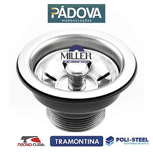 KIT COM 10 VÁLVULAS DE INOX 3.1/2 PÁDOVA PINO PLÁSTICO CROMADO P/ CUBAS TANQUES TRAMONTINA, TECNOCUBA E POLI STEEL