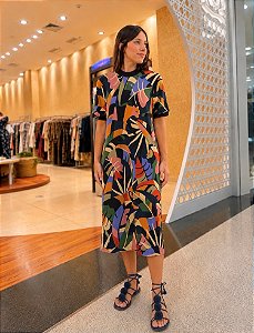 Vestido Retilínea Midi Floresta de Leopardo (sem troca)