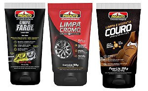 KIT LIMPA CROMO + LIMPA E HIDRATA COURO + LIMPA FAROL