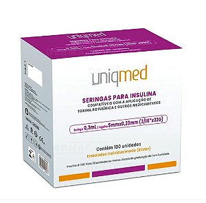 Seringa para Insulina  0,3ml Agulha 5mmx0.23mm - CX 100 unidades - Uniqmed