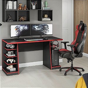 Mesa para Computador / Gamer XP Vermelho 135x60cm com 6 Prateleiras e Gancho para HeadSet