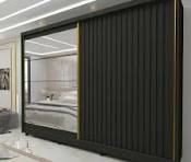 Guarda Roupa Casal Ripado em MDF - 2 Portas de correr com Espelho e 7 gavetas Gafite