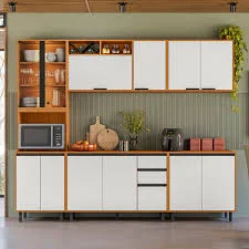 Cozinha Modulada Ravena 2.60mts Paneleiro/Cristaleira com Led - Freijó UV/Off Acetindo Poliman