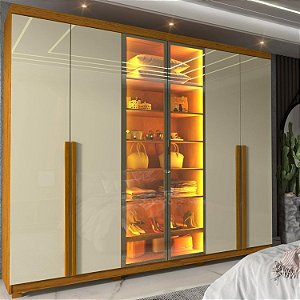 Guarda-roupa Casal 6 Portas com Pés com Led Imperatriz Reflecta Naturale/off White