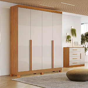 Guarda-roupa Solteiro 4 Portas 3 Gavetas Alvorada Em Mdf Com Pés 180cm Naturalle/off White - Bianchi MóveisGuarda-roupa Solteiro 4 Portas 3 Gavetas Alvorada Em Mdf Com Pés 180 de Largura