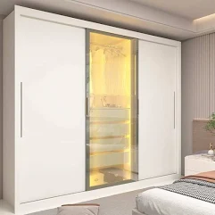 Guarda-roupa Casal 3 Portas 1 Porta Reflecta com Led 100% Mdf Royale Off White , Nature Off / Nature flex
