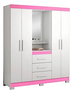 Guarda-roupa Solteiro 4 Portas Notável NT 5015 Branco com Rosa com Espelho