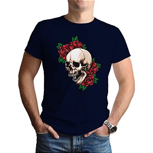 Camiseta Camisa Caveira Skull Rosas