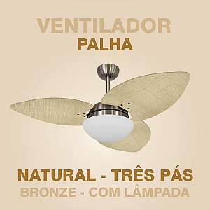 VENTILADOR PALHA NATURAL COM BRONZE - TRÊS PÁS