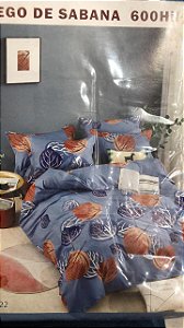 JOGO DE CAMA CASAL 600 FIOS 4 PEÇAS (QUEEN/AZUL COM FOLHAS AZUIS E MARROM )