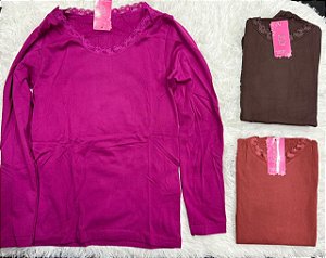 CAMISA FEMININA LISA COM RENDA NA GOLA ((TAM ÚNICO DIVERSAS CORES)