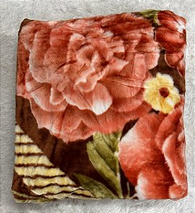 MANTA CASAL DUPLA FACE (DESENHO FLORES /LARANJA E MARROM)