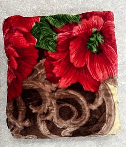 MANTA CASAL DUPLA FACE MARRON (DESENHO DE FLORES VERMELAS DE UMA LADO DO OUTRO UM CAVALO)