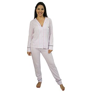 Pijama Americano Longo Algodão Listrado - Branco