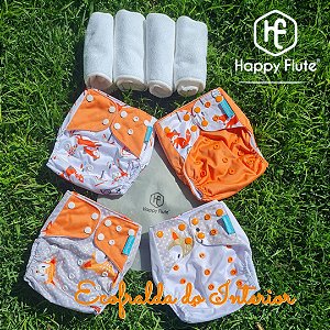PRONTO PRA USAR - KIT 4 FRALDAS ECOLÓGICAS HAPPY FLUTE - LARANJA E BRANCO RAPOSINHA