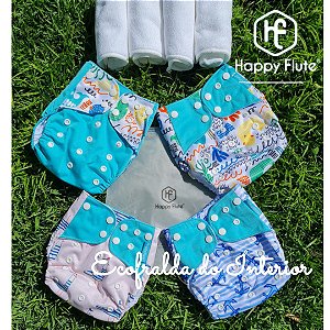 PRONTO PRA USAR - 4 FRALDAS ECOLÓGICAS KIT HAPPY FLUTE - VERDE ÁGUA NAVAL