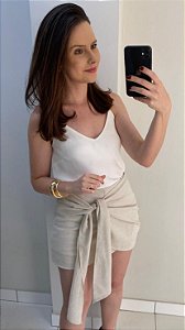 Saia shorts viscolinho natural com amarração de faixa