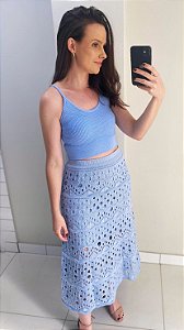 Saia midi azul claro de tricot em linha
