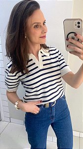 Blusa polo modal listrada branco e marinho