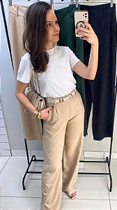 Calça marrant reta com zíper lateral bege