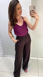 Calça marrant reta com zíper lateral café