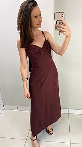 Vestido midi com bojo amarração atrás marrom